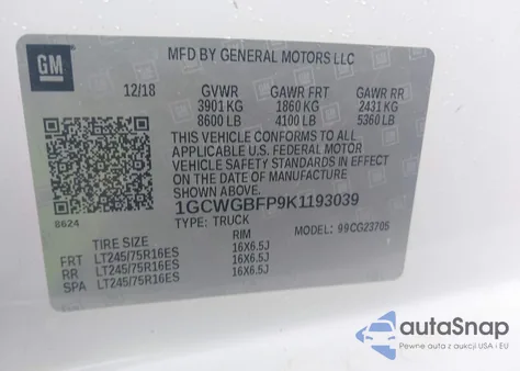 2019 Chevrolet Express 2500 Work Van из США, поврежденный, VIN 1GCWGBFP9K1193039